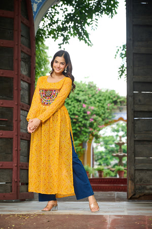 Yellow Bandhej Kurti with Traditional Kutchi Work