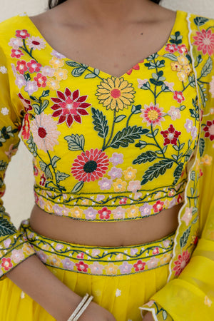 yellow organza lehenga choli