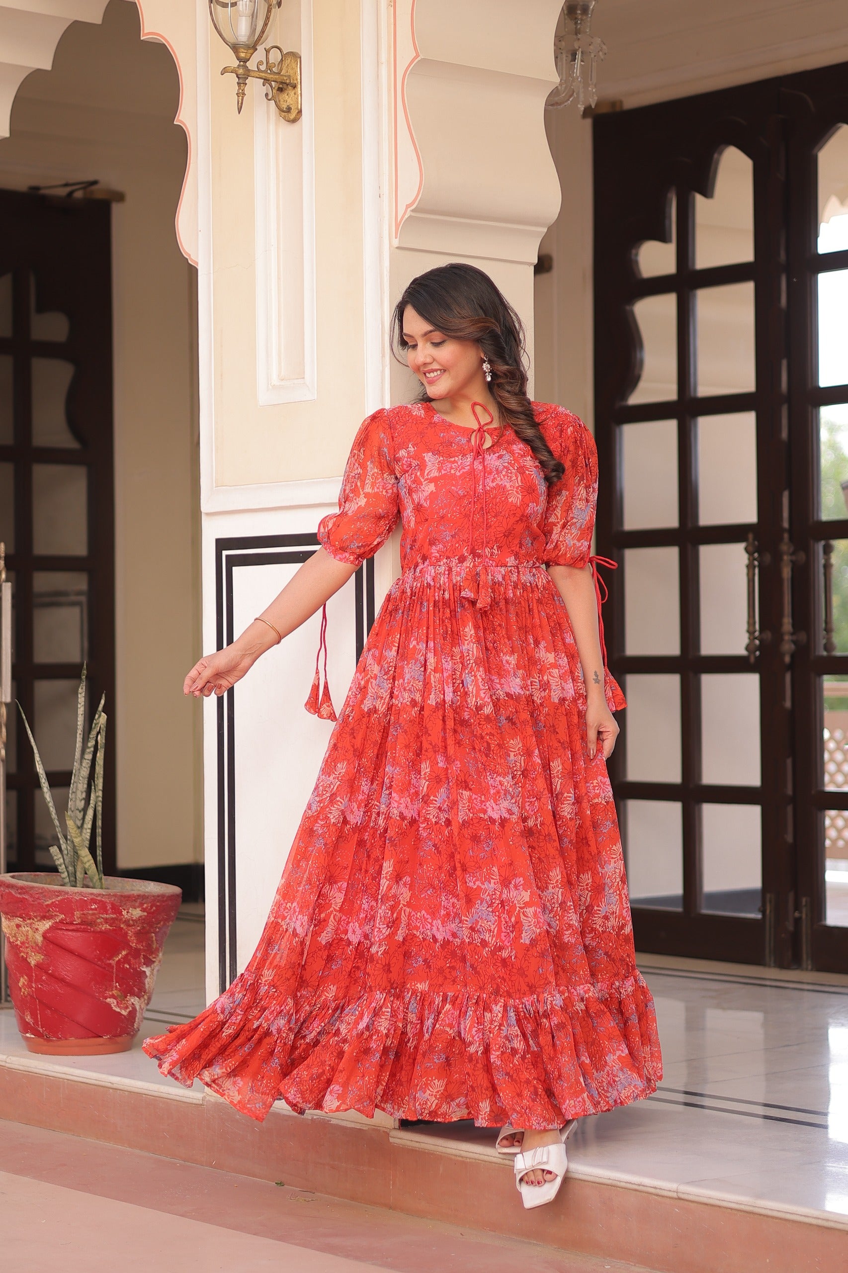 Floral print georgette gown