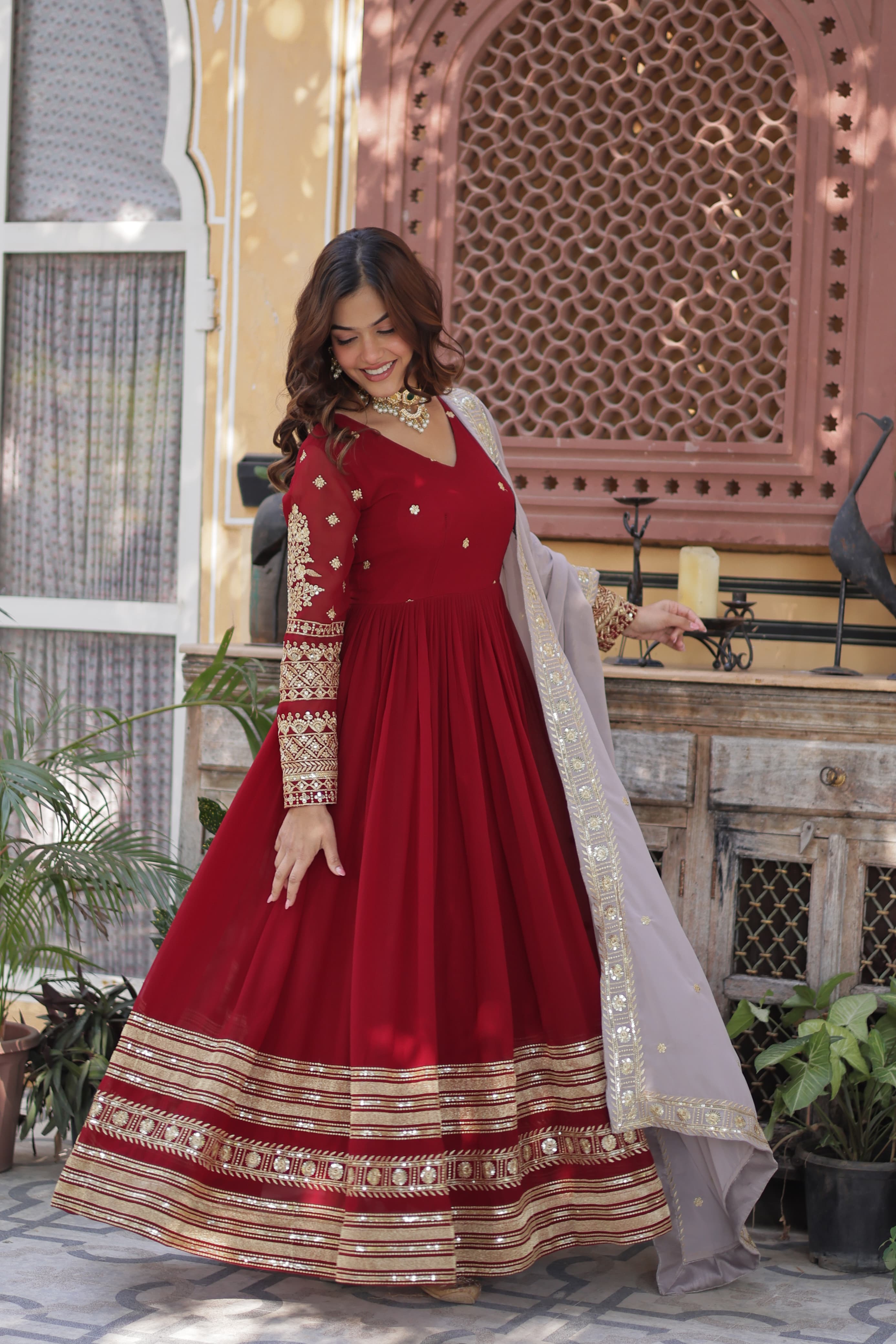 V-neck embroidered gown