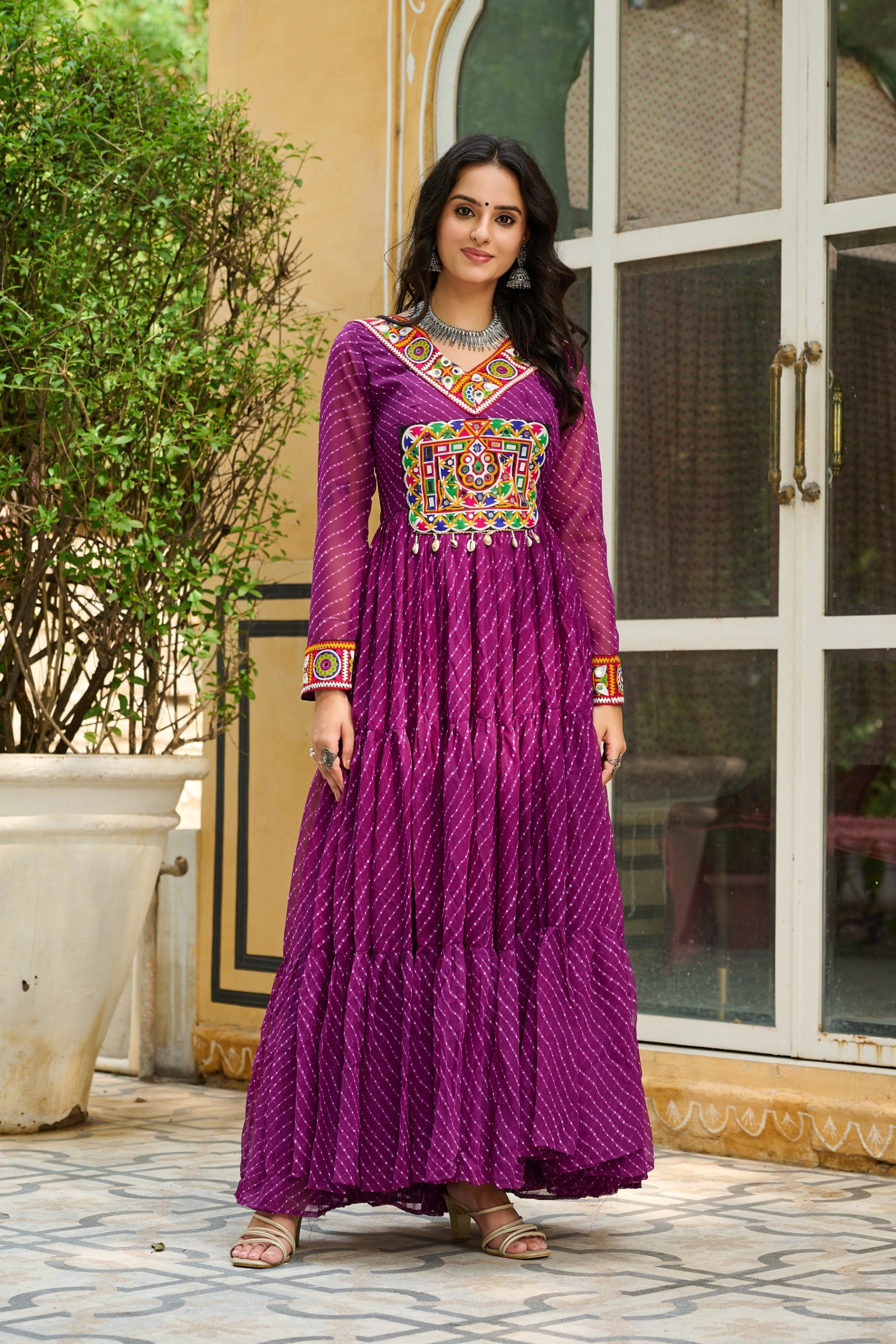 Women's Laheriya print faux georgette gown with patchwork 
