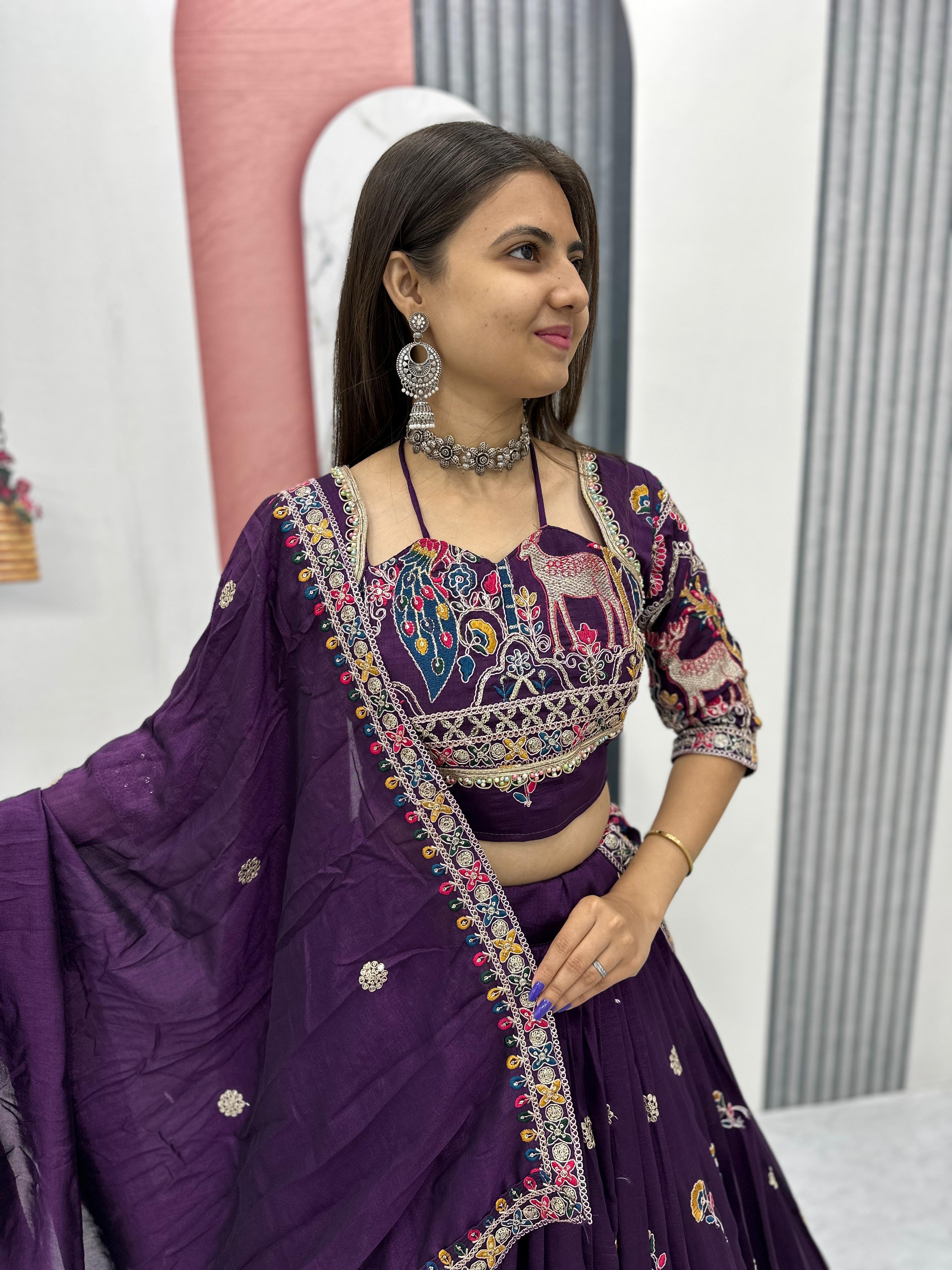 Purple Embroidered Vichitra Lehenga Choli with Dupatta-Vastralyn