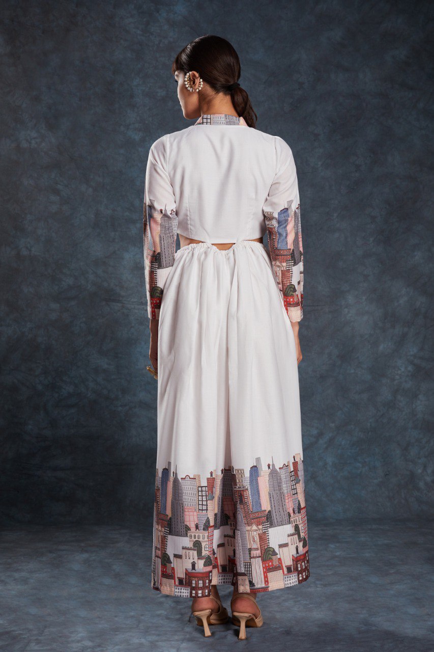 white printed maxi gown