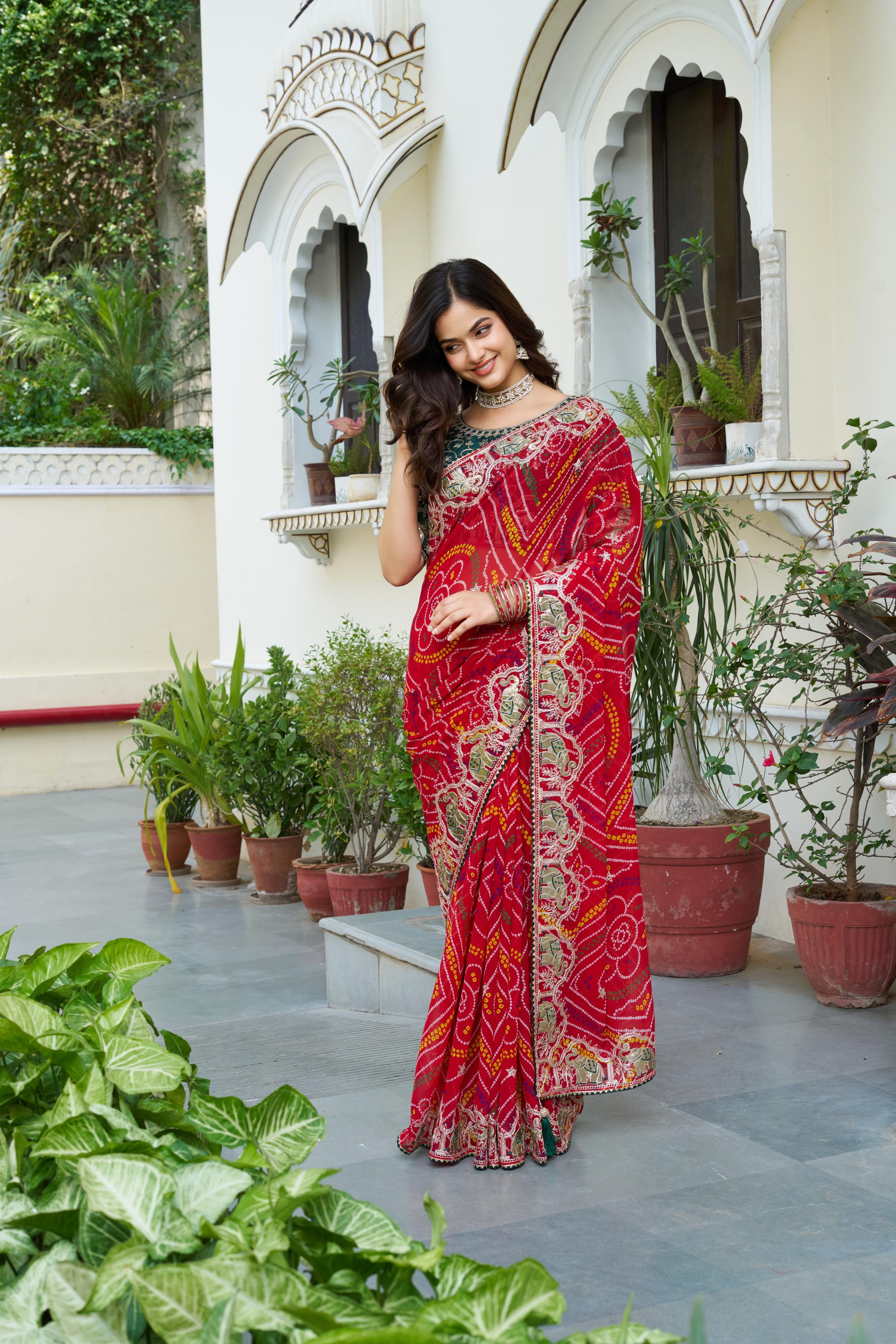red bandhej saree