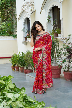red bandhej saree