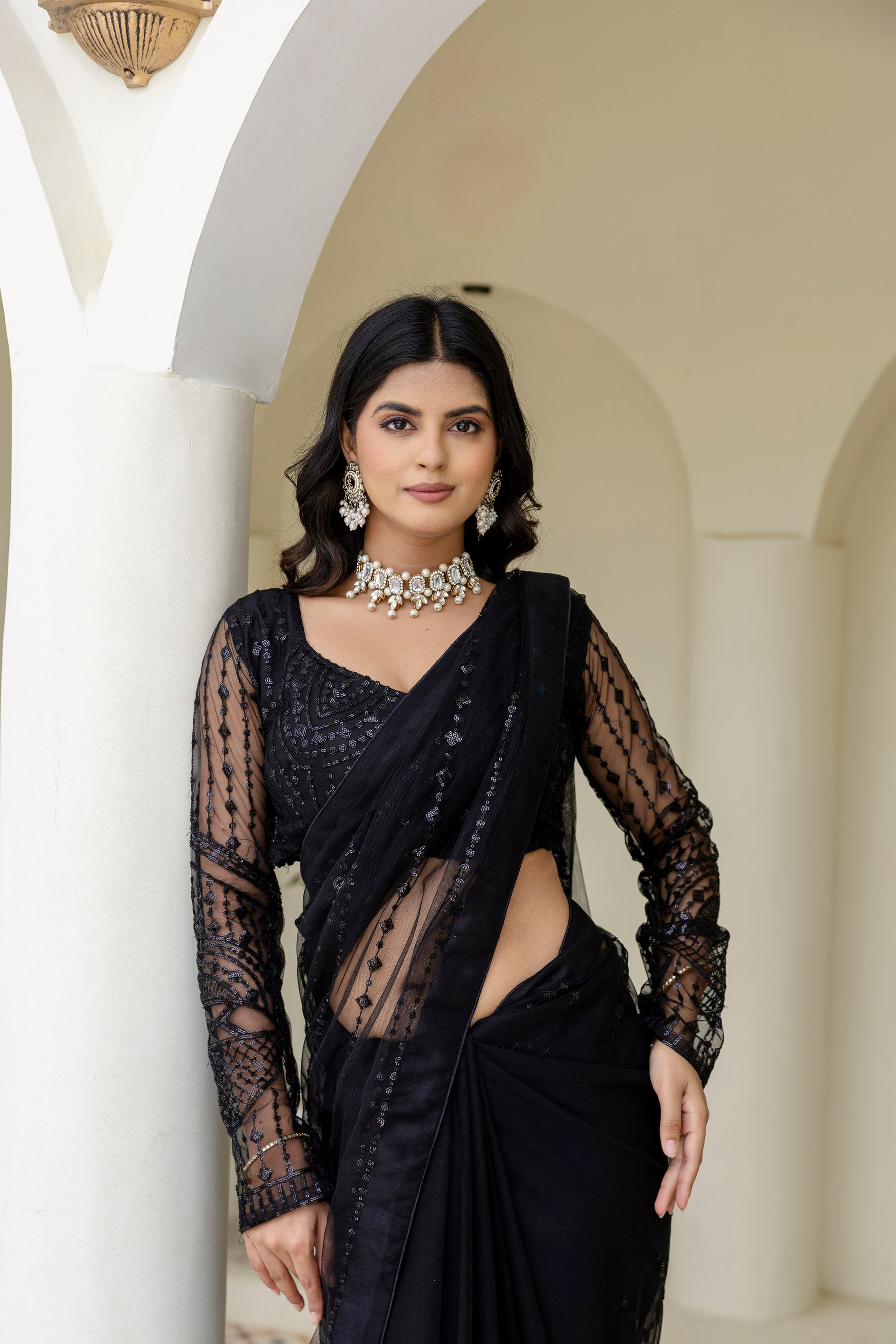 simple net saree look for wedding