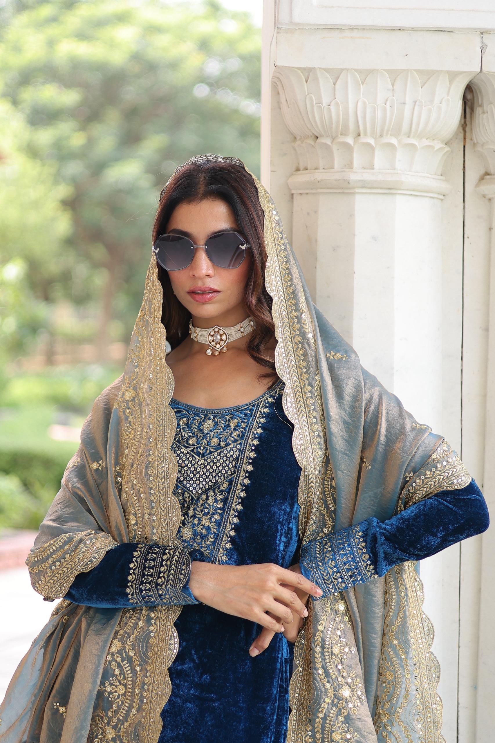 Velvet ethnic wear with zari embroidery