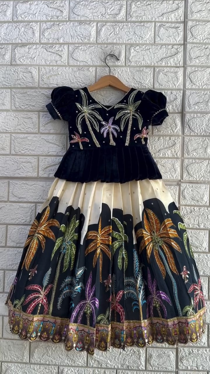 Traditional kids outfit with printed silk skirt