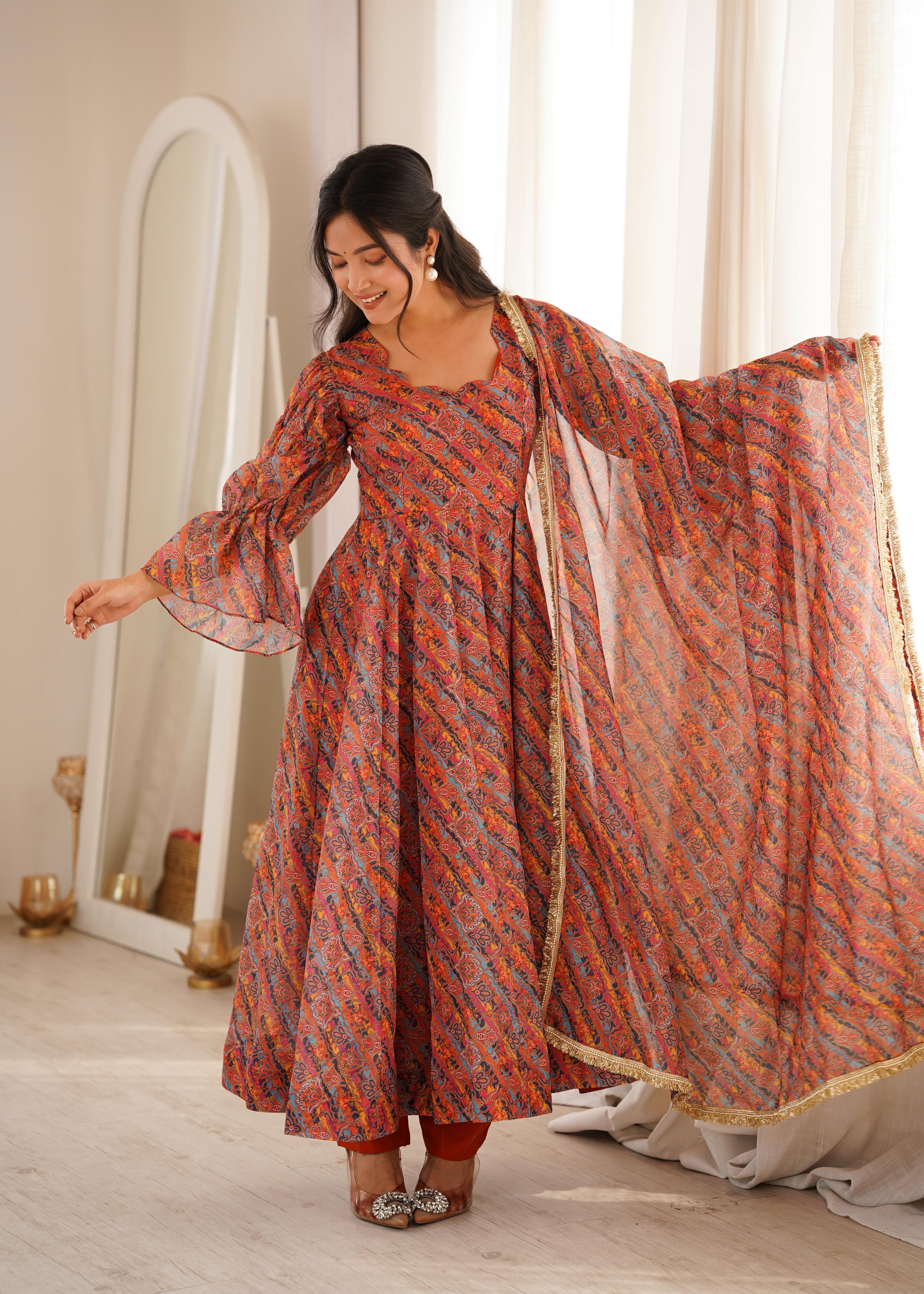 Fully Stitched Orange Printed Gown Online