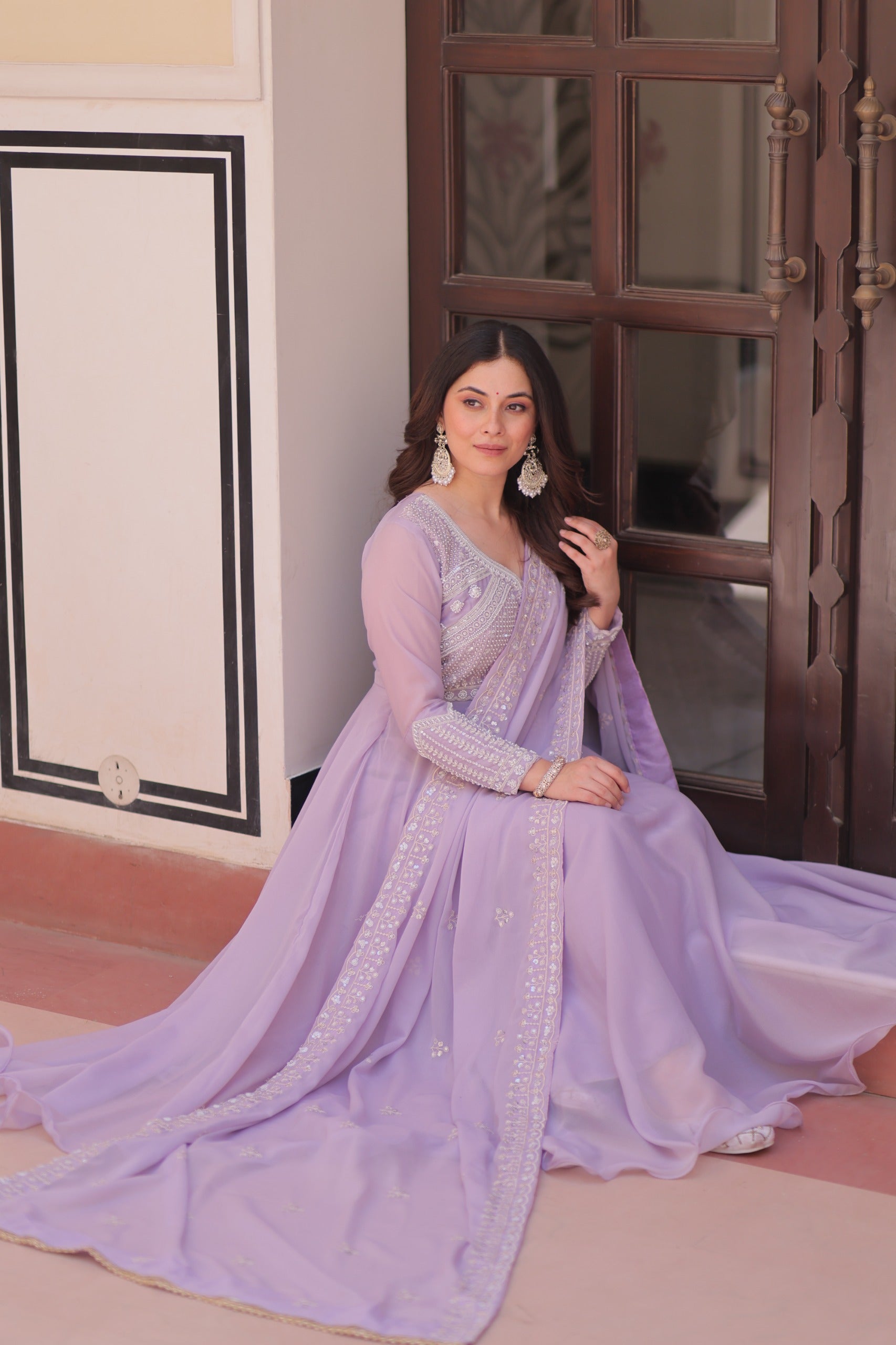 festive georgette gown umbrella flair