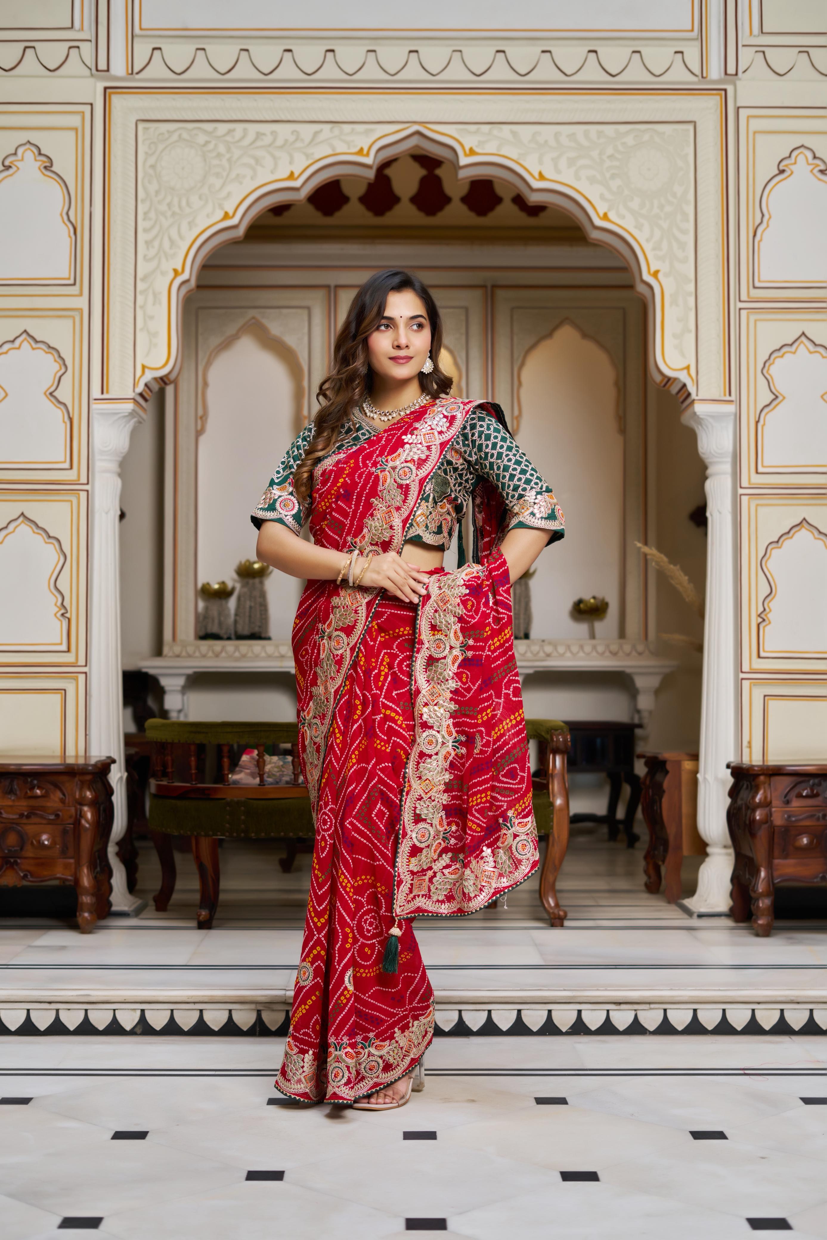 Traditional Indian Bandhani saree with embroidered border and pallu design
