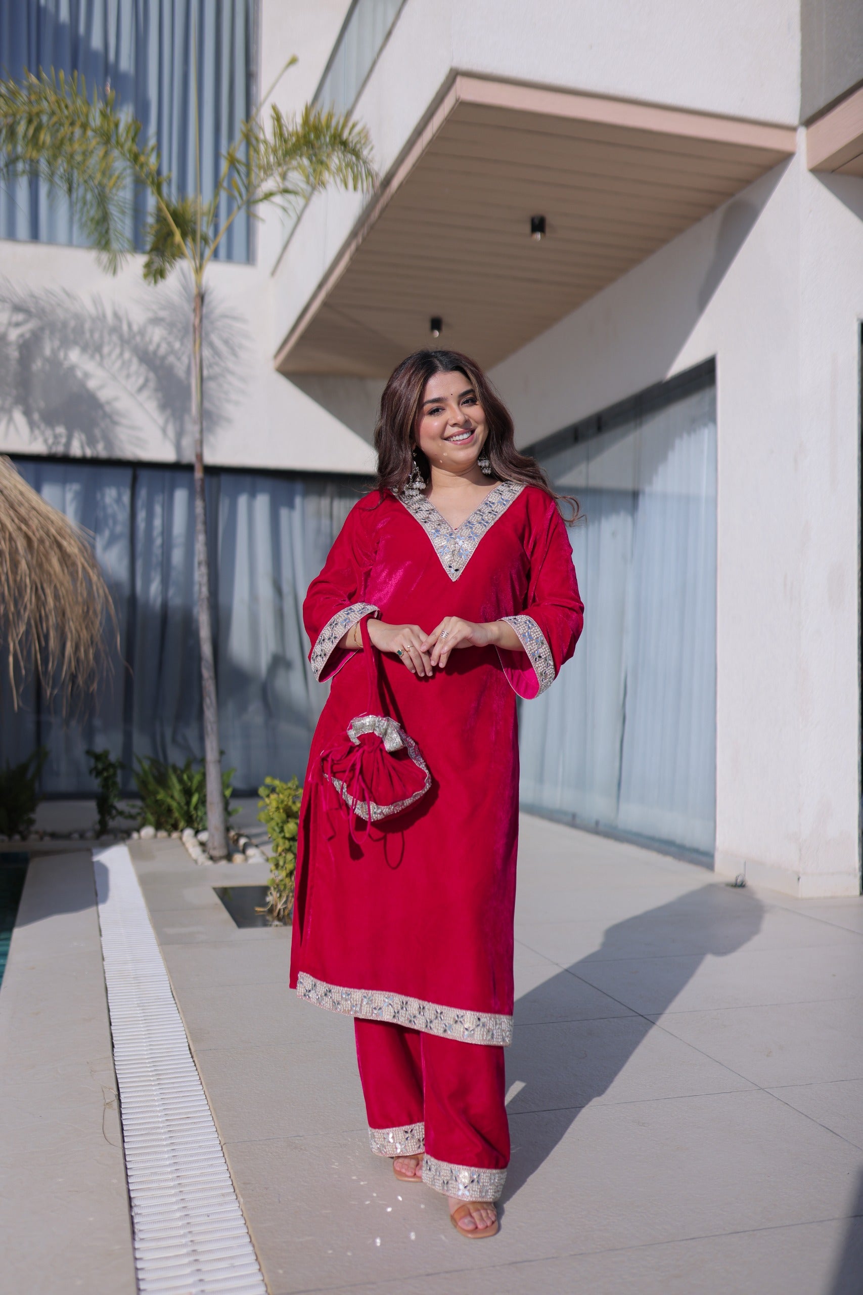 Traditional rani pink velvet ethnic outfit