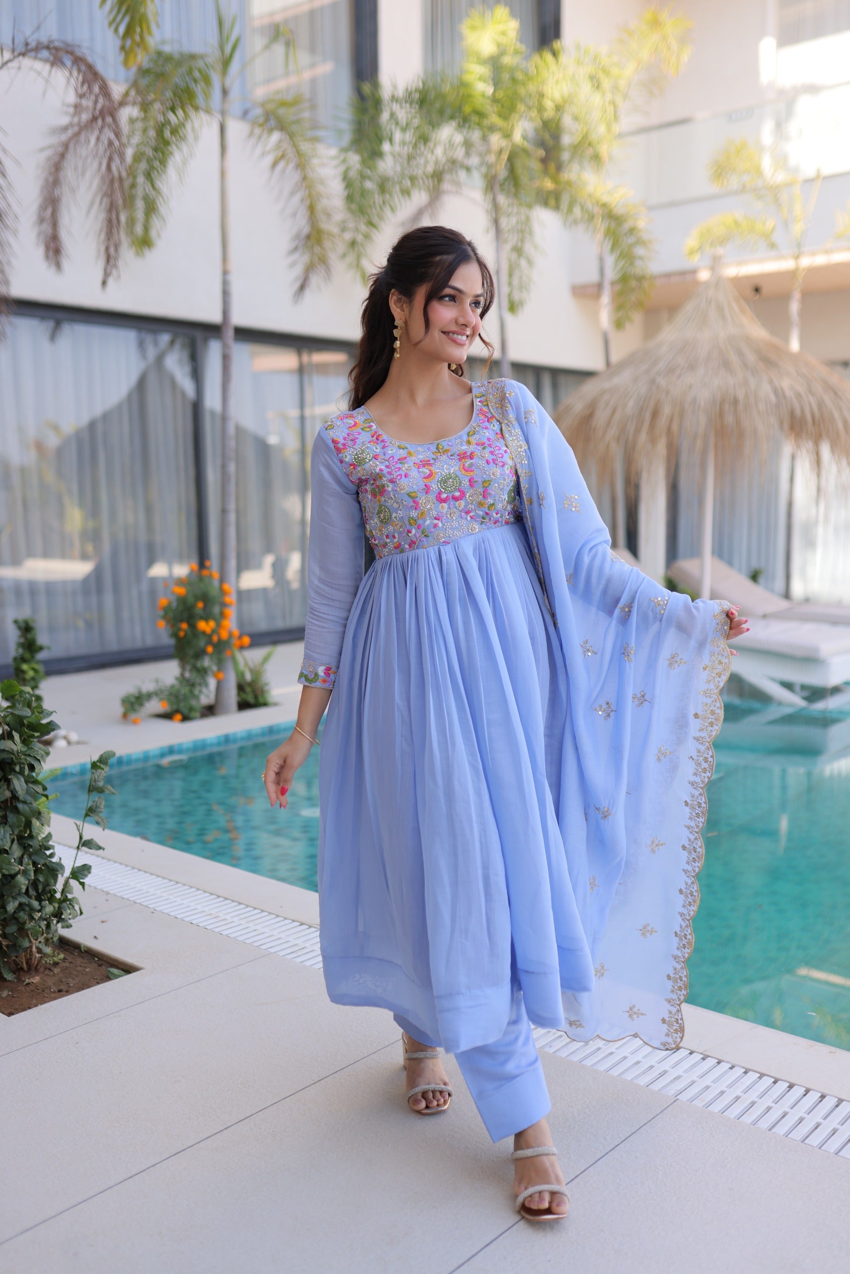 ladies gown set with bottom and dupatta