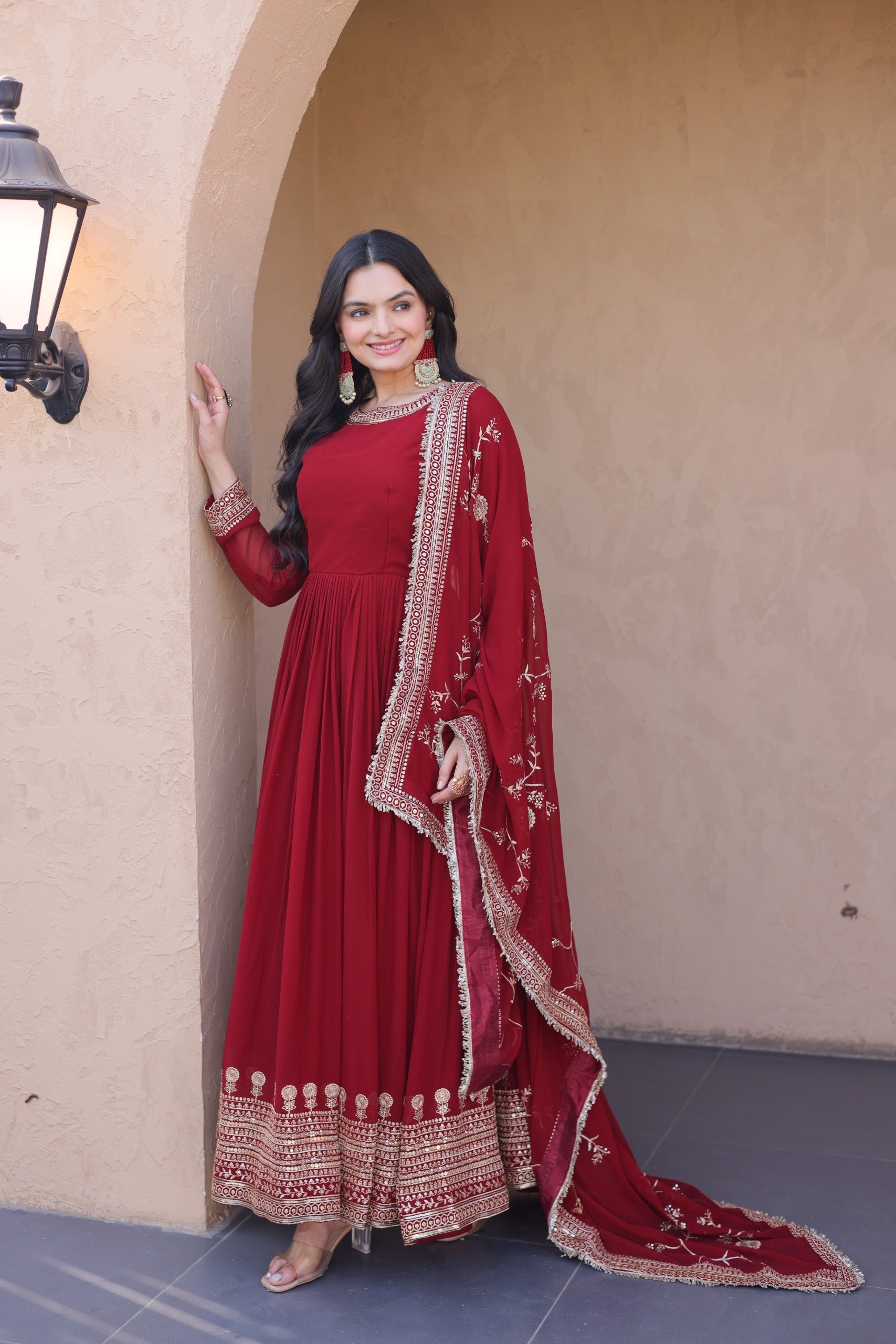 Latest designer maroon gown for women