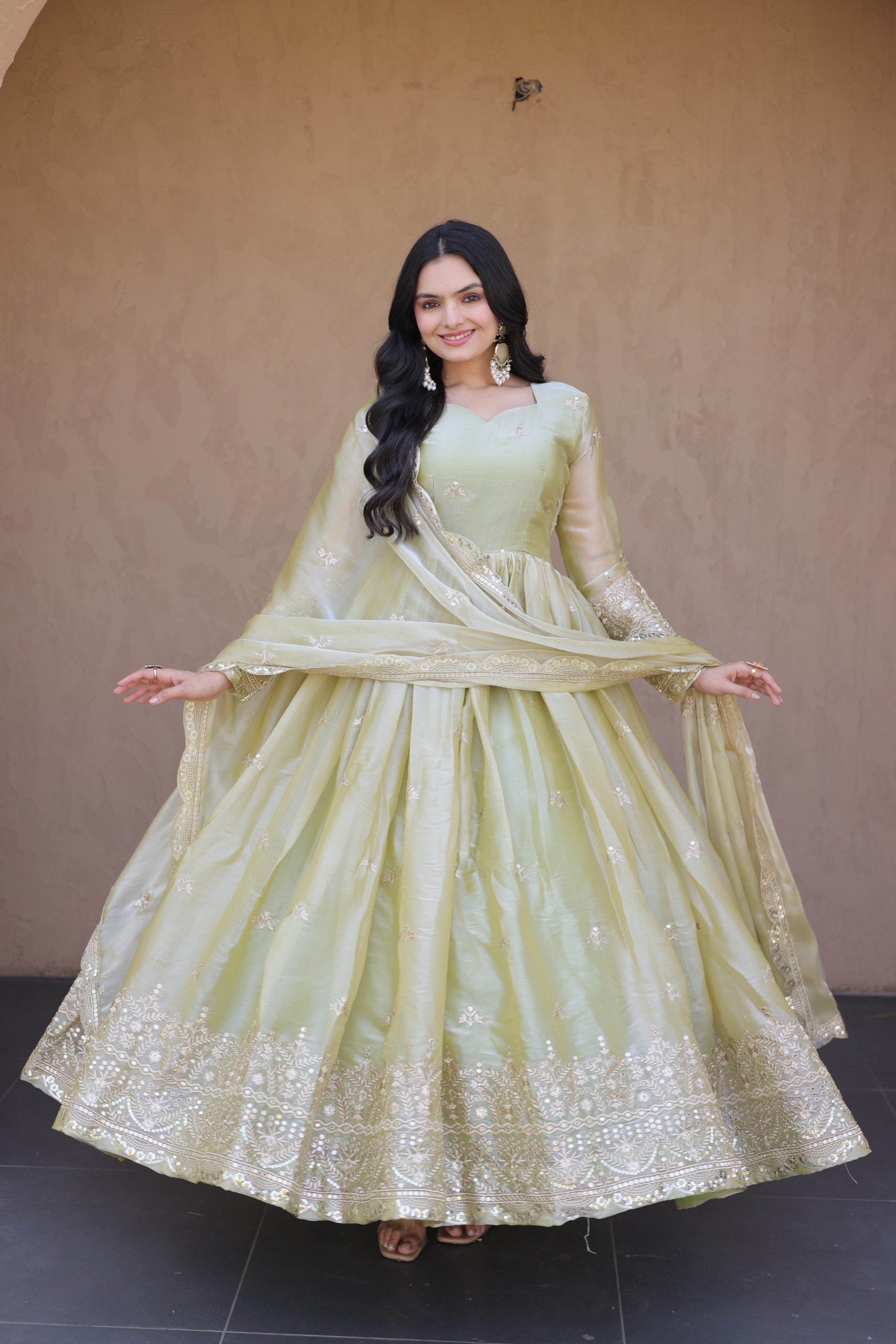 Sequins Embroidered Silk Gown for Festivals