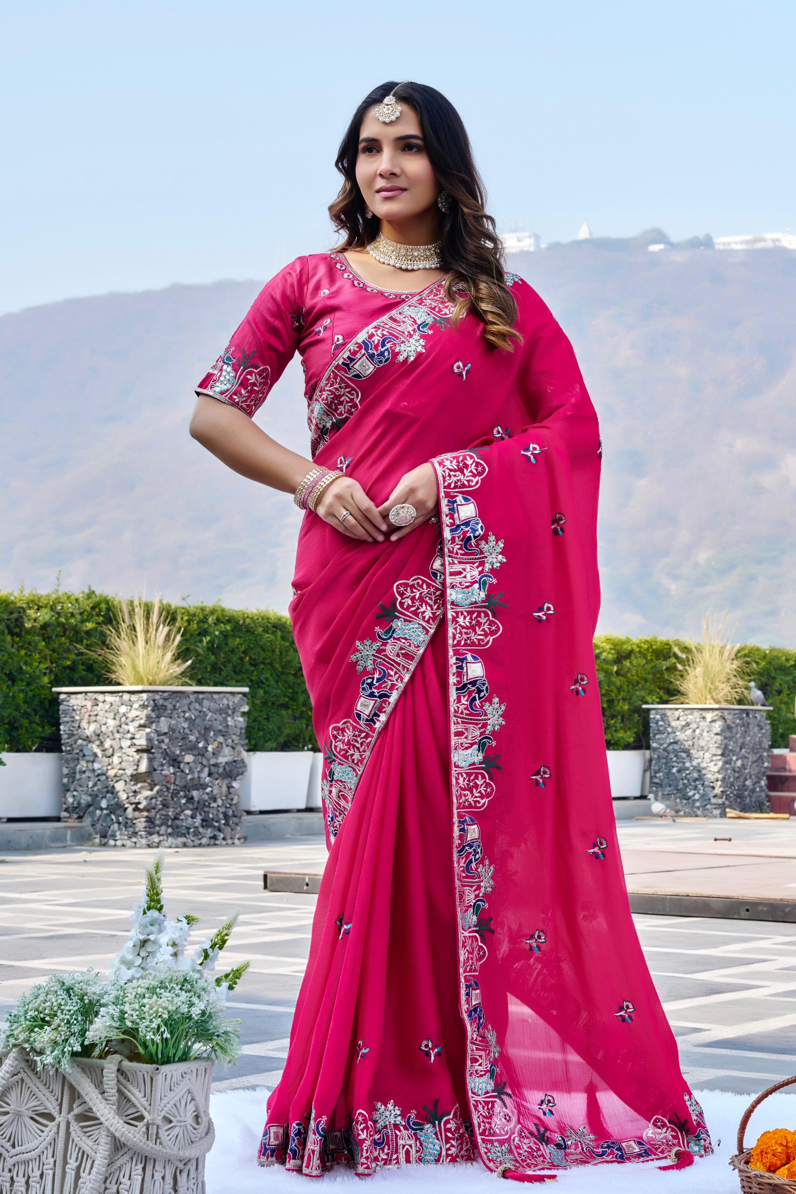 Designer wedding wear satin chiffon saree