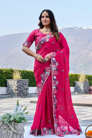 Designer wedding wear satin chiffon saree