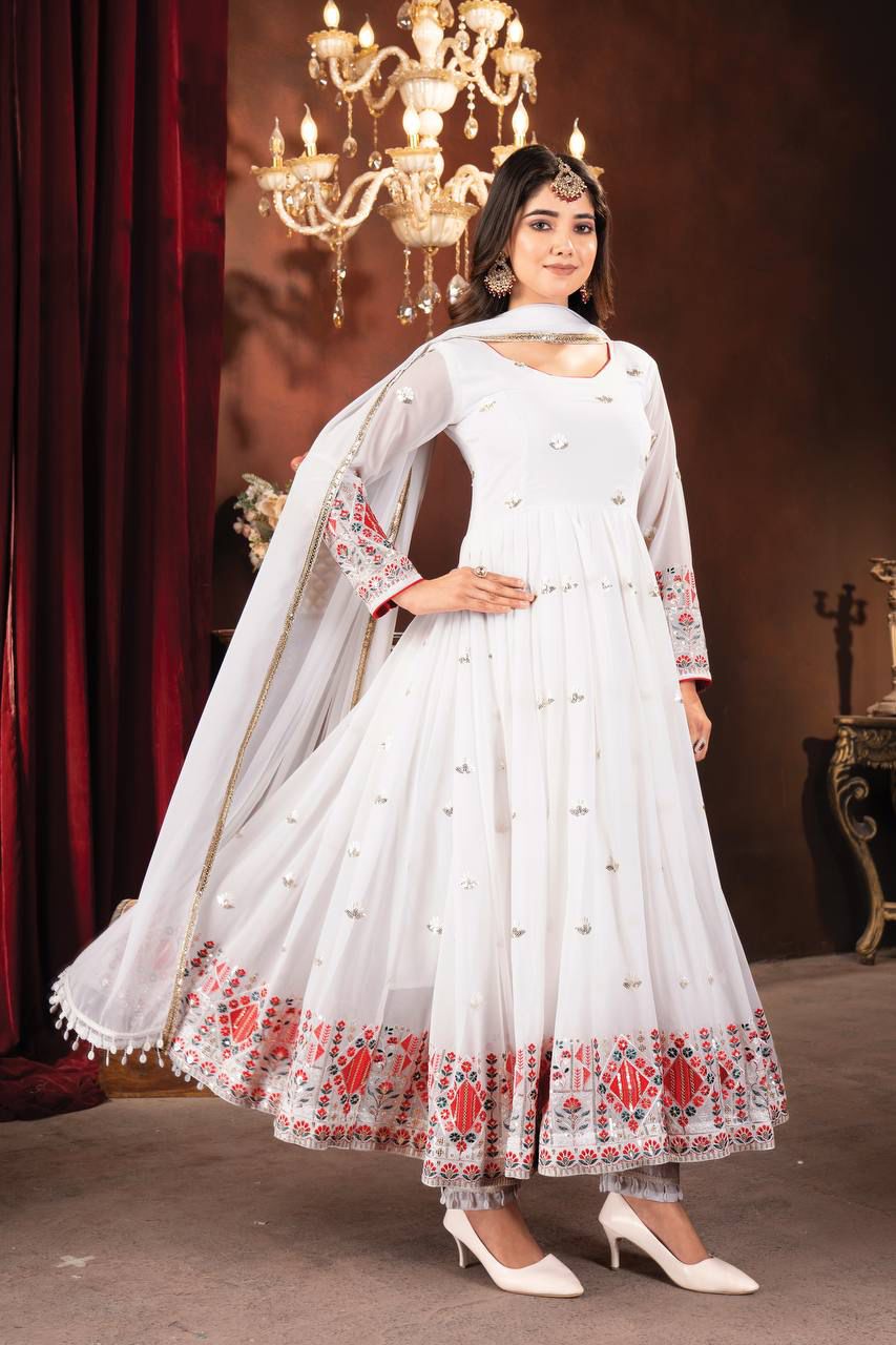 Elegant White ethnic Anarkali suit for receptions, festivals, and functions