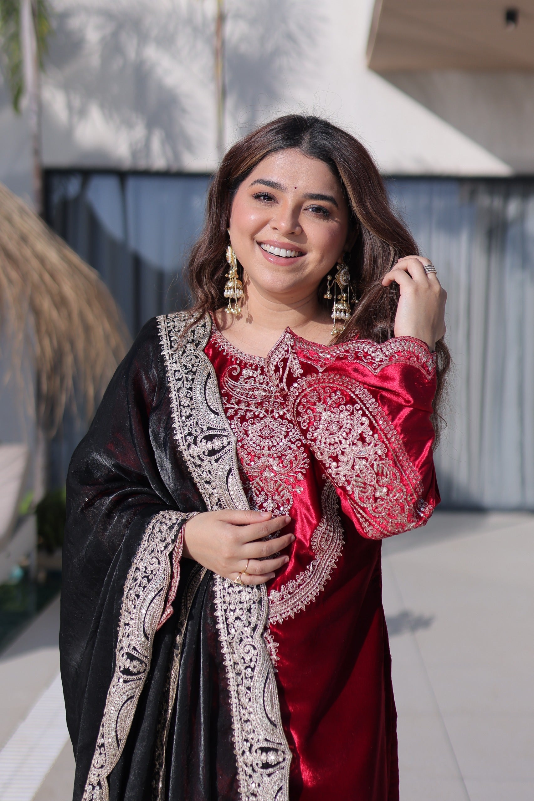 wine colour Party wear velvet kurta dupatta set