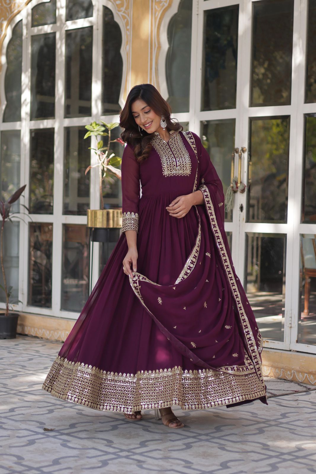  embroidered wine gown