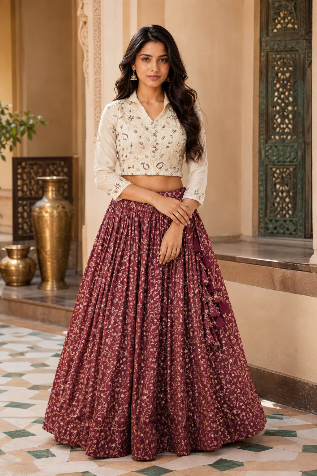 Elegant Cosmos Jacquard Lehenga with Intricate Beads Embroidery