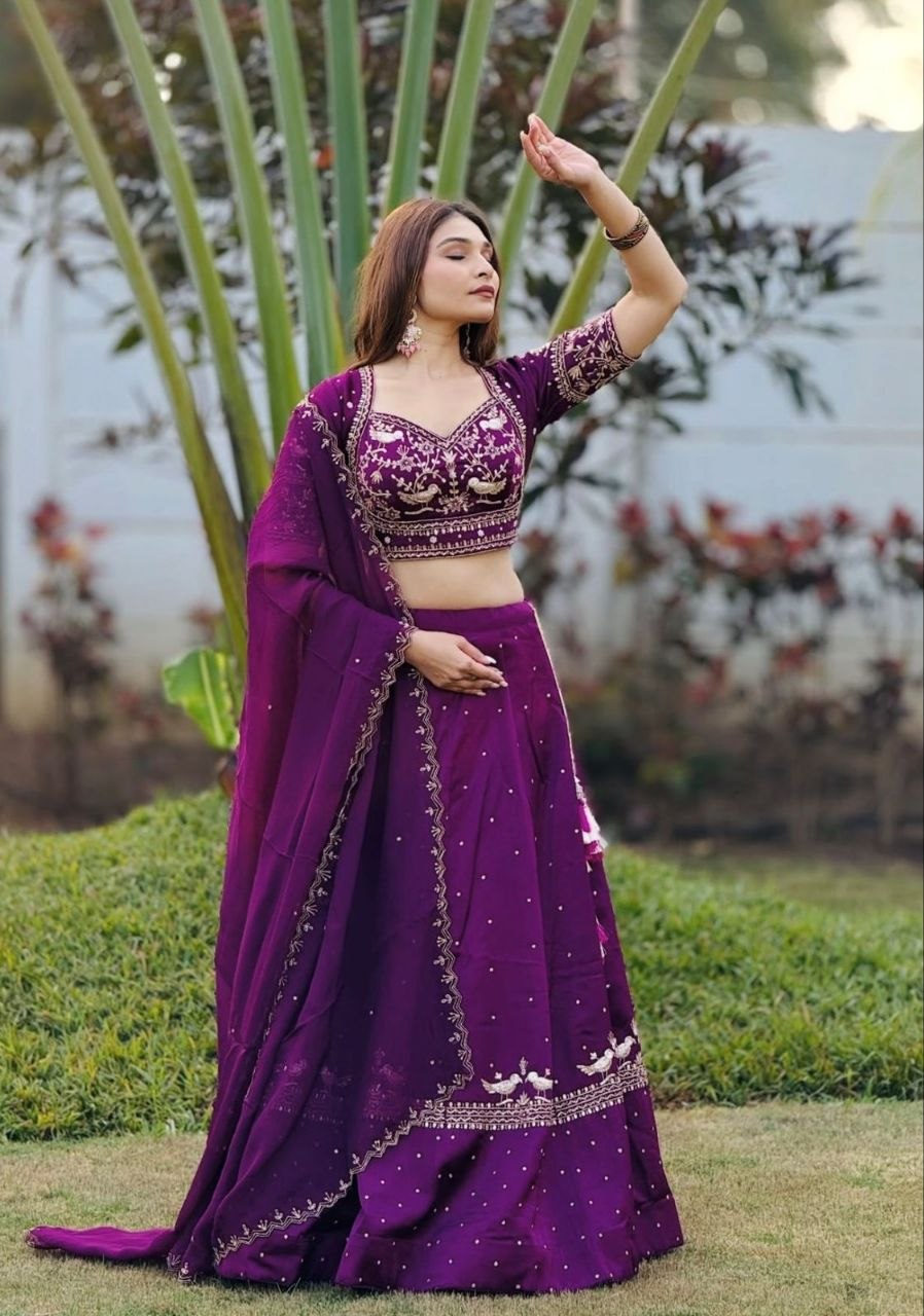 Wine purple chinon lehenga choli with heavy embroidery and dupatta full view