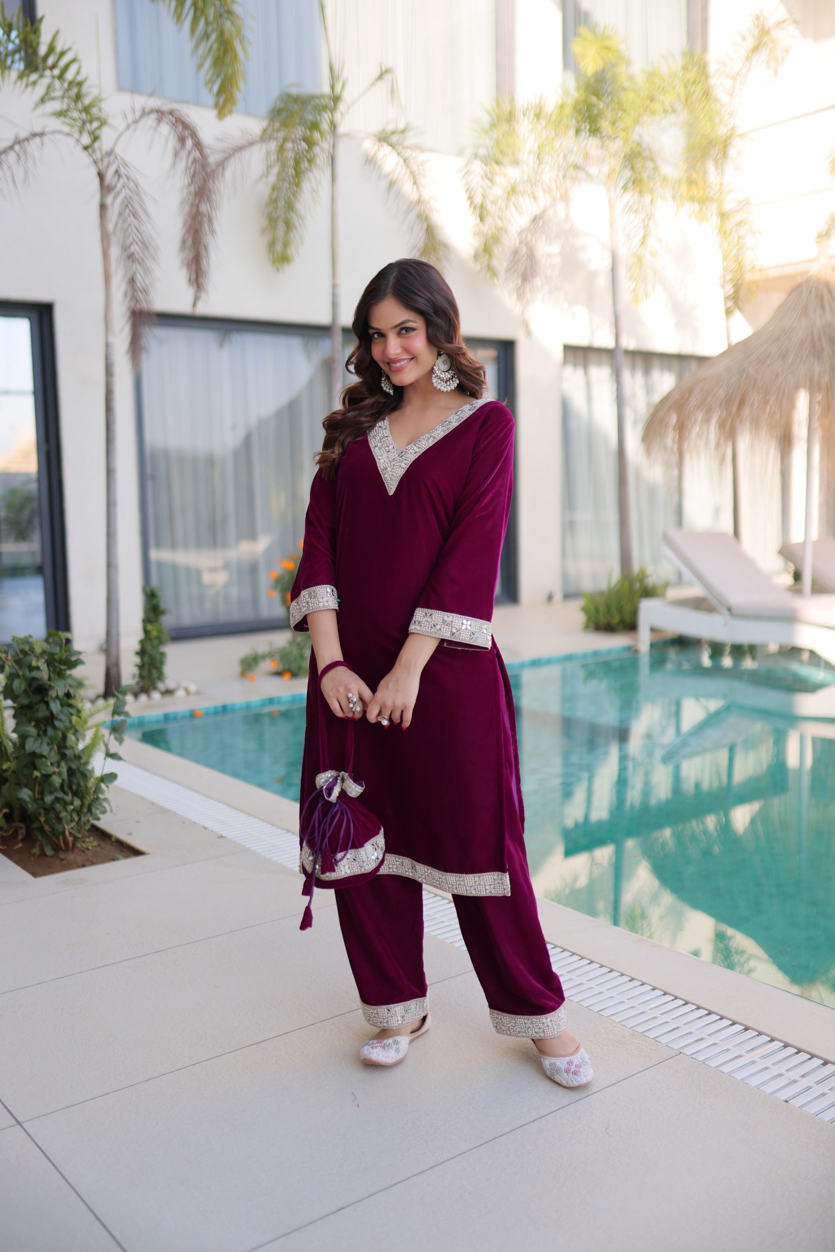 Wine velvet kurta pant set with mirror work