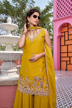 Mustard Yellow star georgette embroidered kurti plazzo set