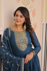 Full sleeve rama colour gown with round neck and intricate embroidery