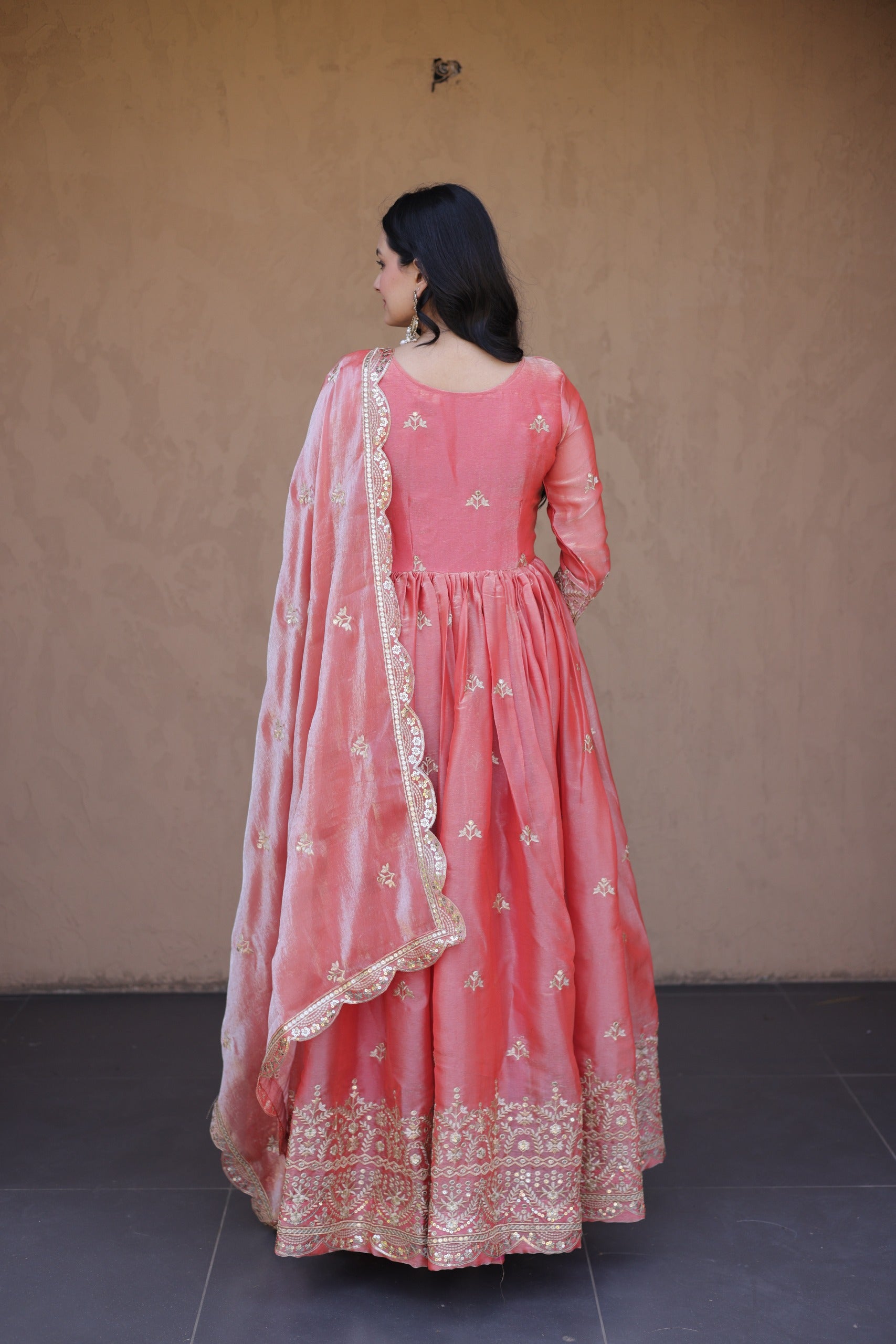 Wedding Wear Peach Pink Embroidered Dress